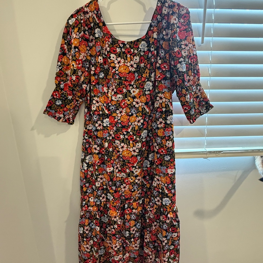 Floral Midi Dress in Black with Red & Orange Blooms